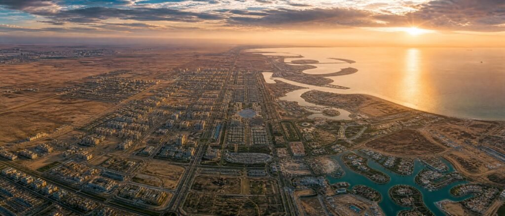 Aerial view showing Dholera size across the Gulf of Khambhat coast