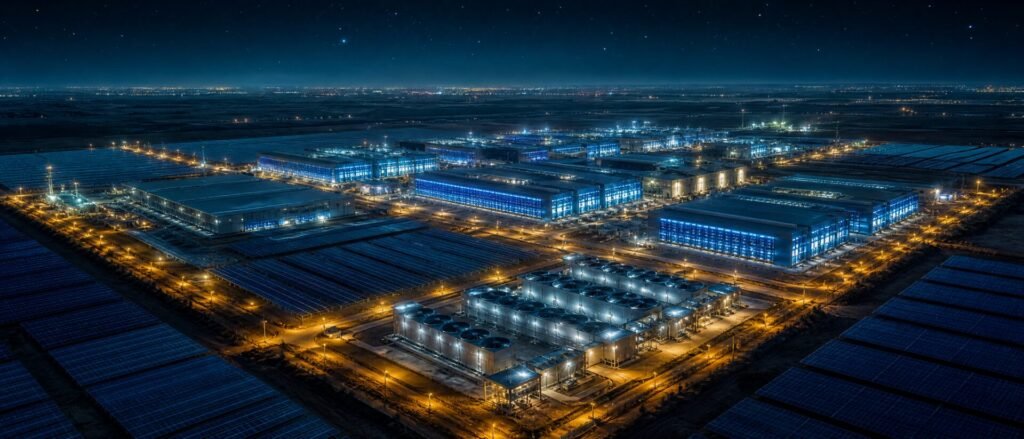 Dholera AI data centre campus at night