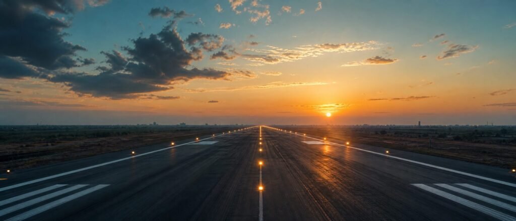Dholera airport runway at sunrise