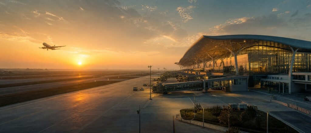 Dholera International Airport terminal at dawn