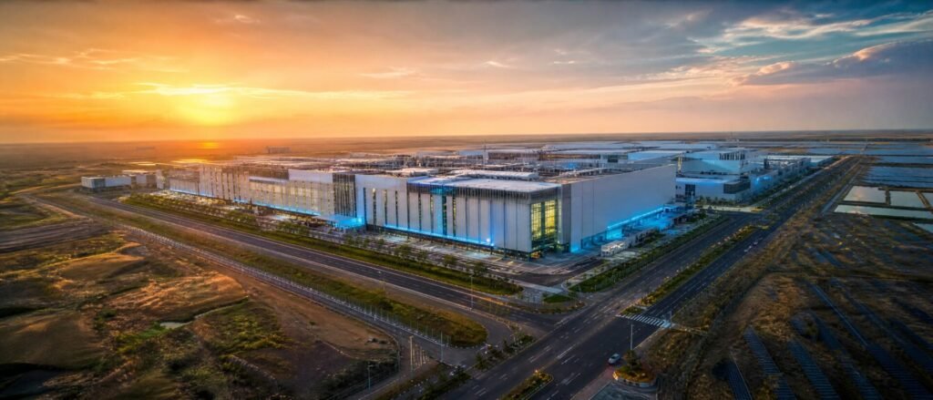 Dholera semiconductor fab at golden hour in Gujarat