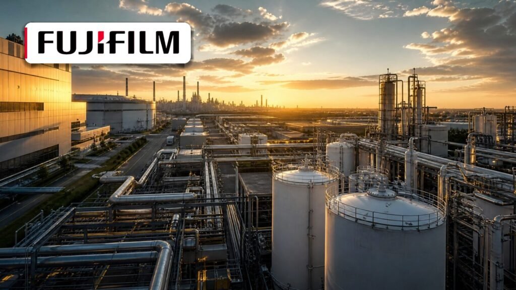 Fujifilm logo on the Fujifilm Dholera materials plant beside a chip fab