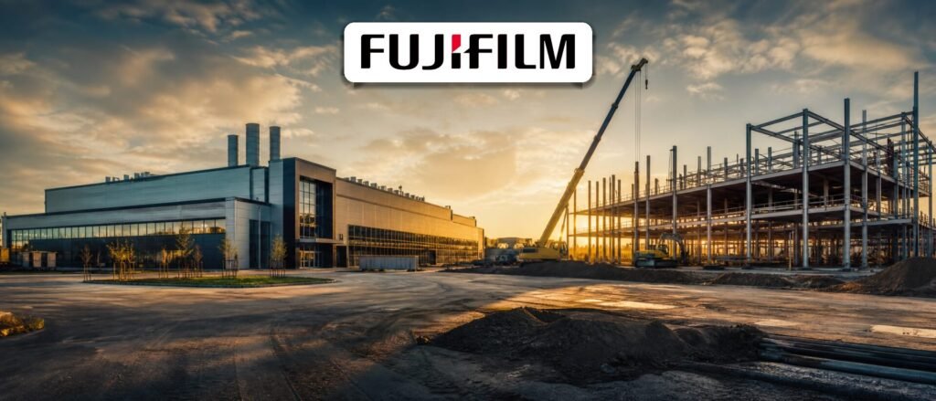 Fujifilm logo over the two phases of the Fujifilm Dholera plant