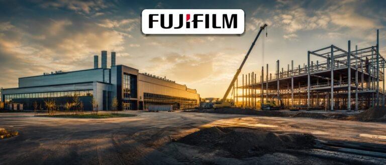 Fujifilm logo over the two phases of the Fujifilm Dholera plant