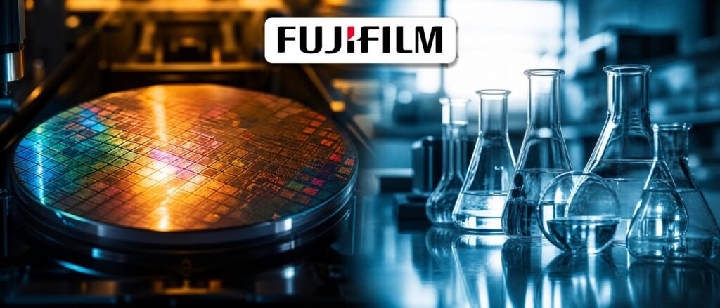 Fujifilm logo over silicon wafer and semiconductor chemicals for Dholera chip fab