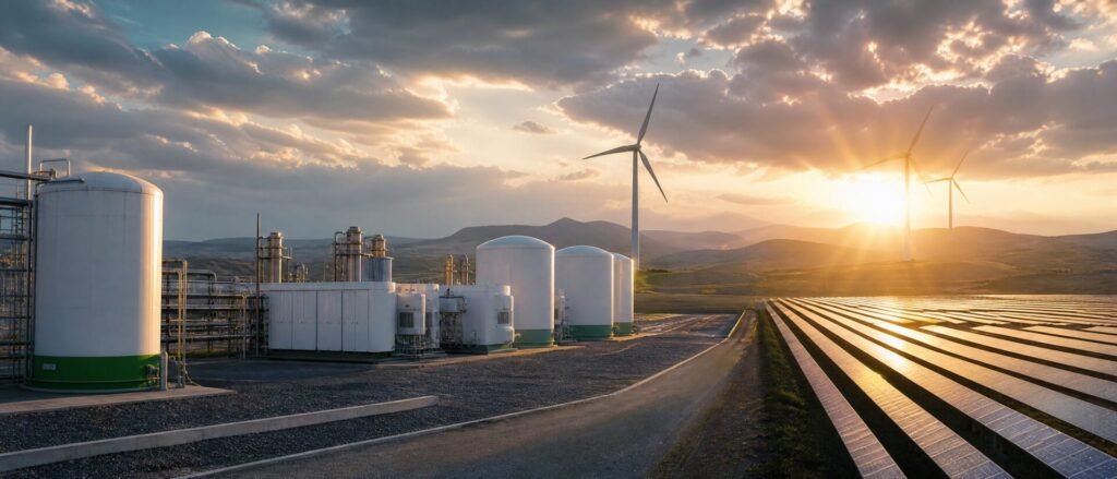 Green hydrogen Gujarat plant beside a solar field