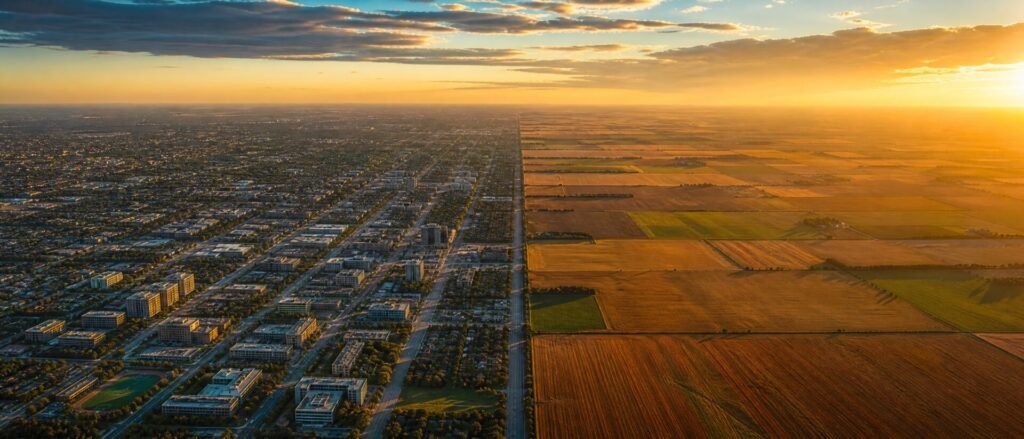 Planned Dholera SIR grid next to farmland outside the master plan