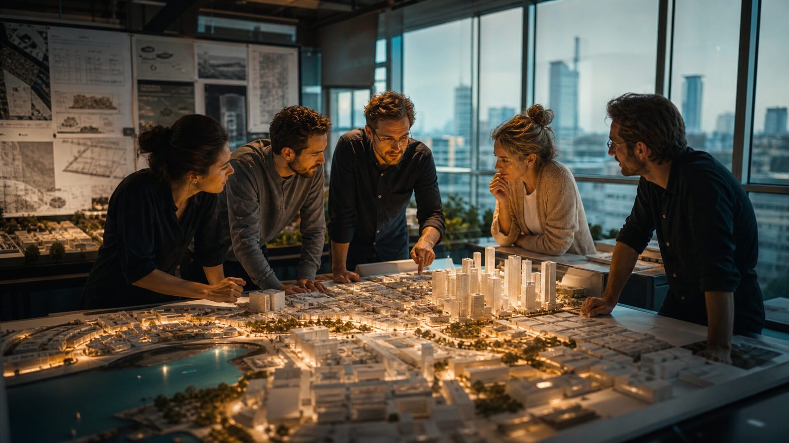 Planners reviewing a Dholera TP scheme city model
